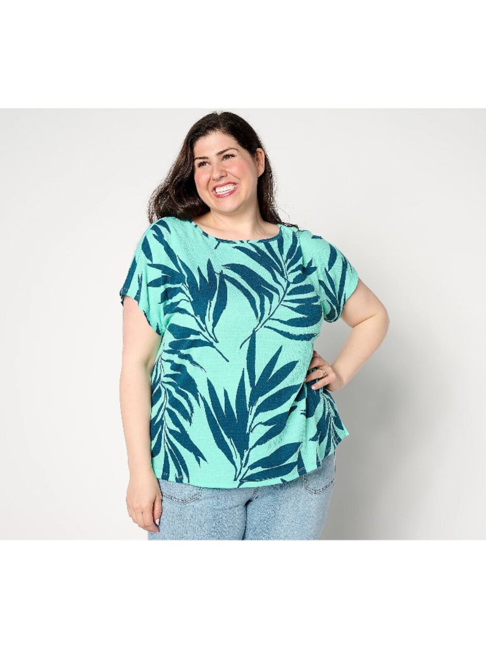 Denim & Co Top XXS Beach Printed Knit Gauze Dolman Sleeve Blouse Miami Green NEW